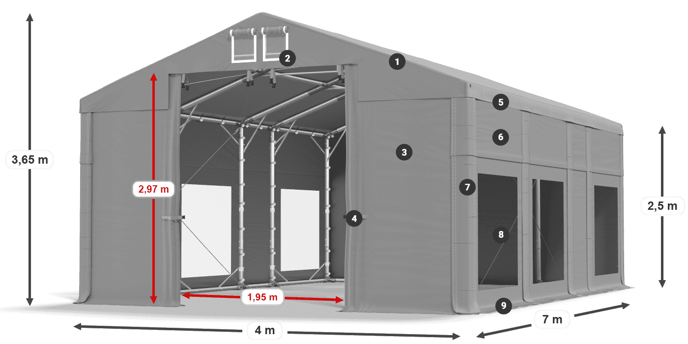 Dach: FR 620 PVC Ściany: MS 580 PVC 2.5m legenda