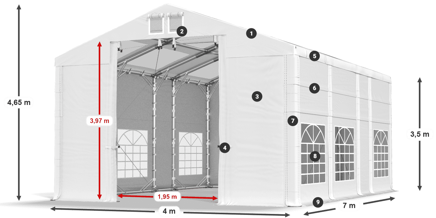 Dach: MS T 580 PVC Ściany: SD 500 I PVC 3.5m legenda