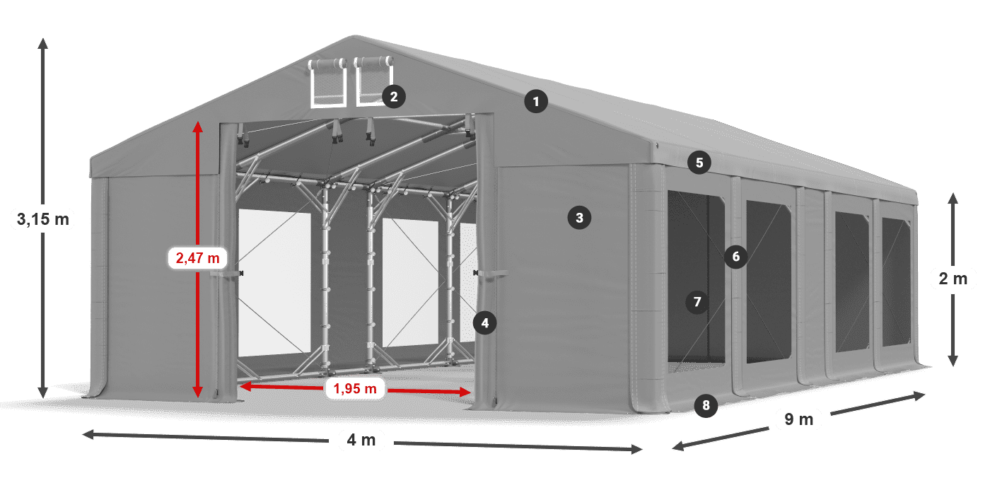 Dach: FR 620 PVC Ściany: MS 580 PVC 2m legenda