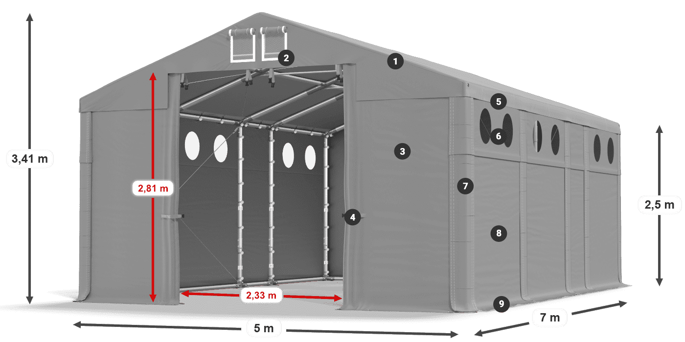 Dach: FR 620 PVC Ściany: MS O 580 PVC 2.5m legenda
