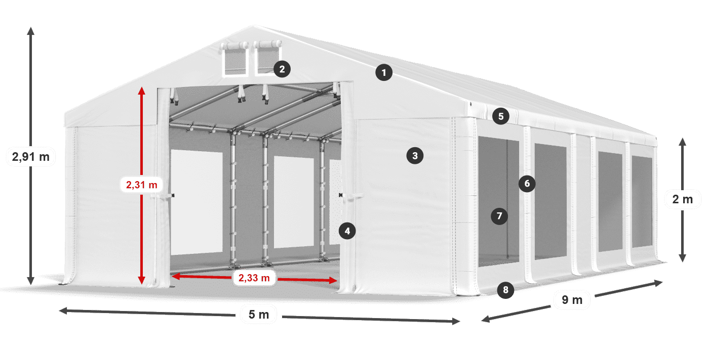 Dach: FR 620 PVC Ściany: MS 580 PVC 2m legenda