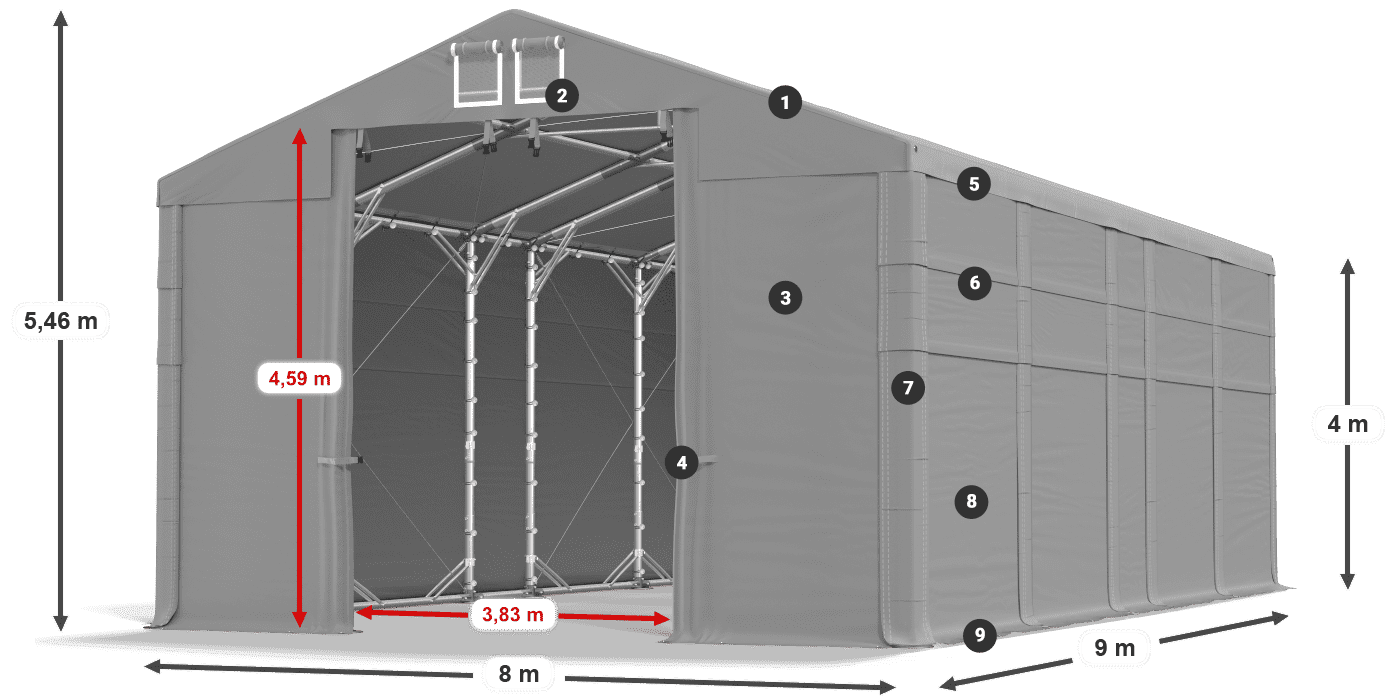 Dach: MS 580 PVC Ściany: FR 620 PVC 4m legenda