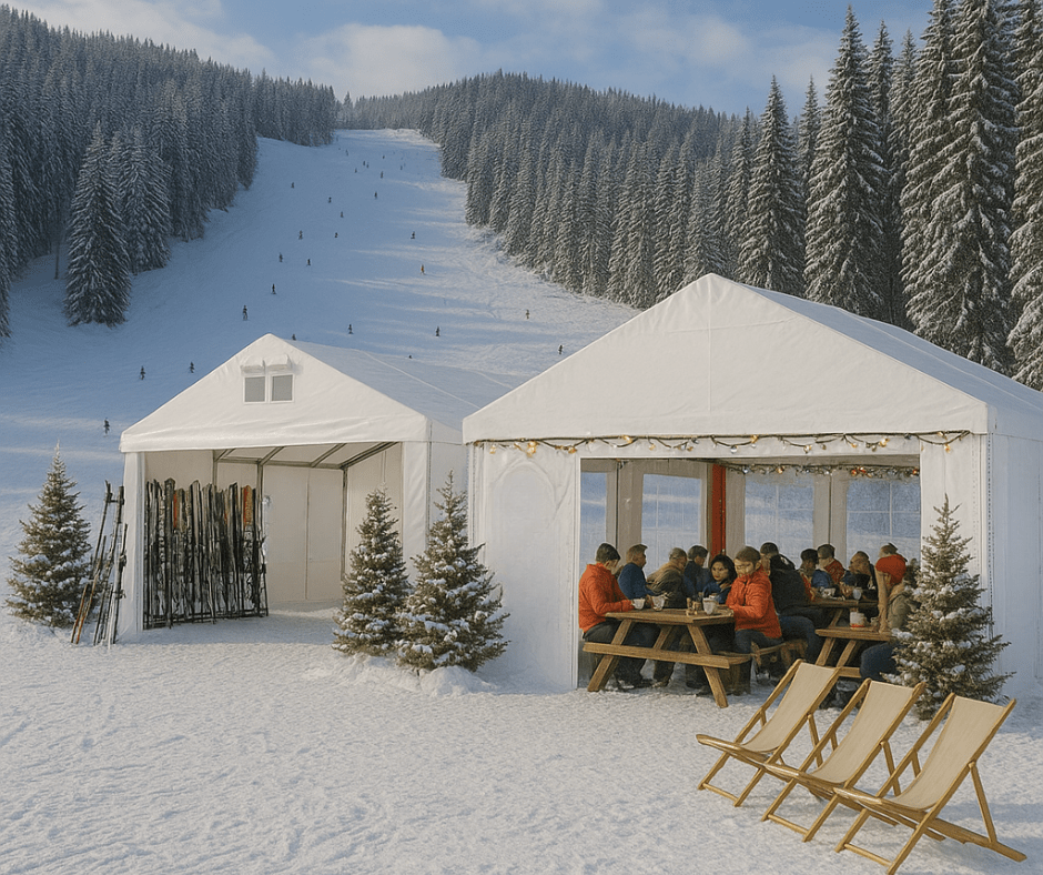 Całoroczne namioty Das Company przy stokach narciarskich