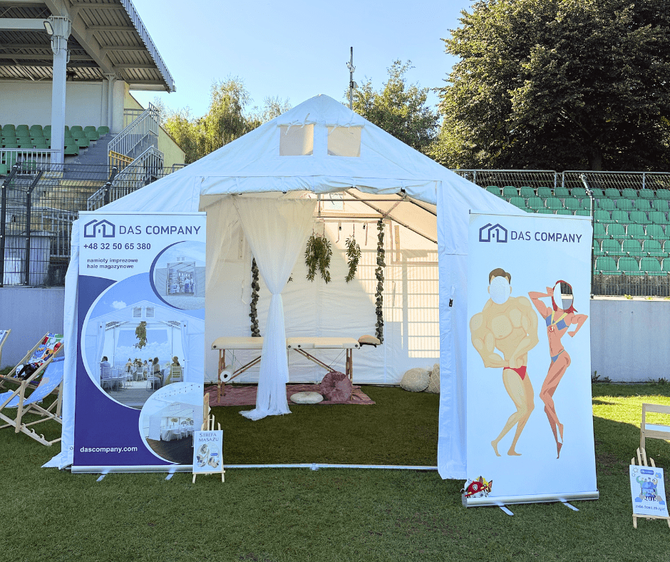 Promocja firmy na evencie sporotwym w namiocie imprezowym