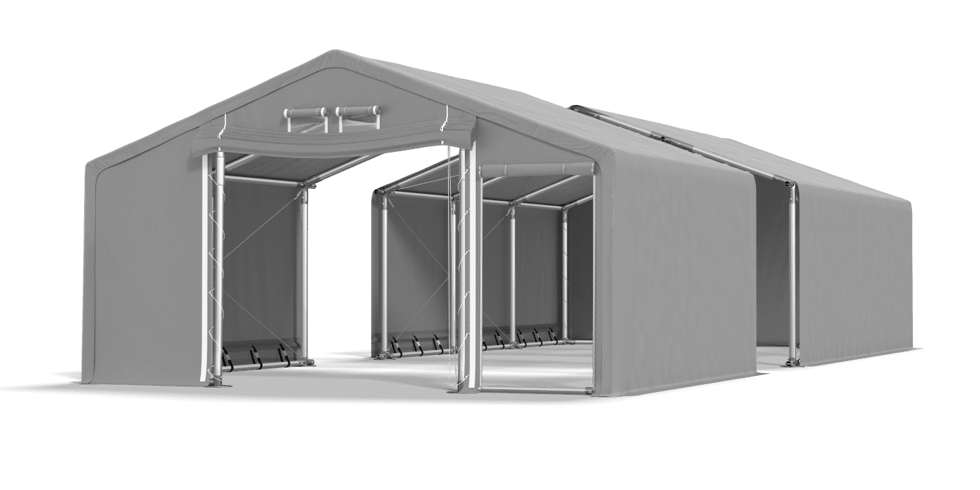 Duży namiot magazynowy z szarą plandeką PVC