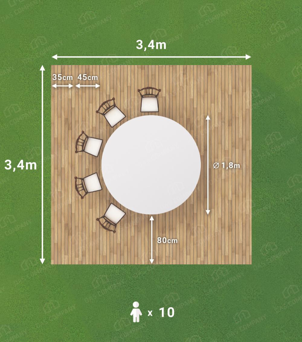 Prezentacja stołu okrągłego na 10 osób w przestrzeni 3,4 m x 3,4 m