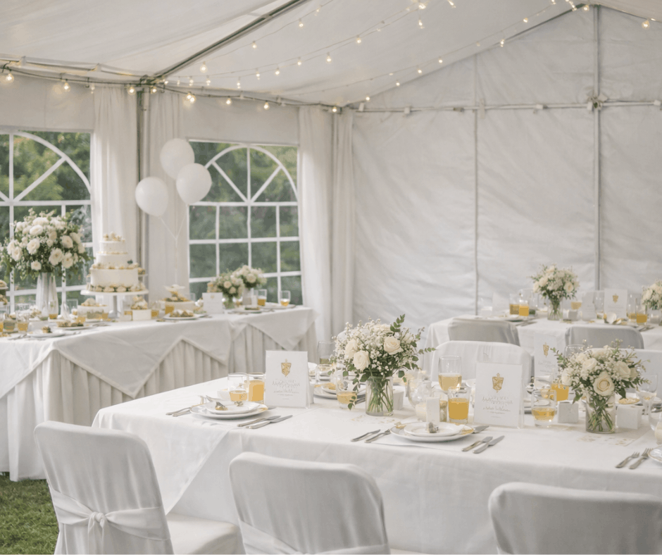 Kwiatowe dekoracje w namiocie komunijnym