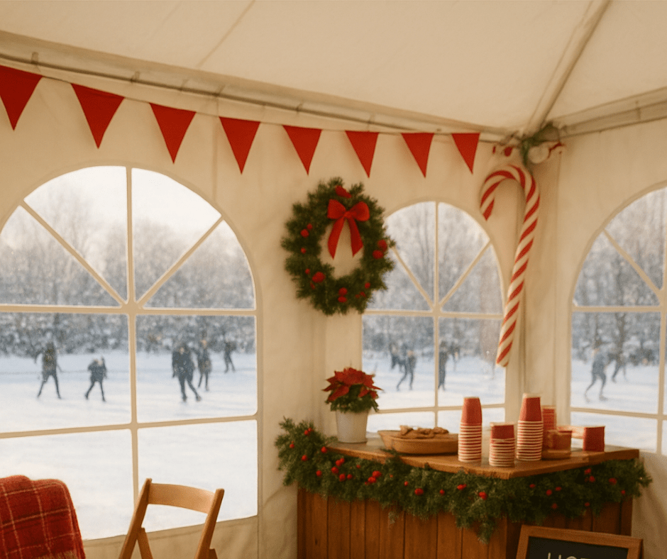 Zimowe dekoracje namiotu wystawowego przy lodowisku