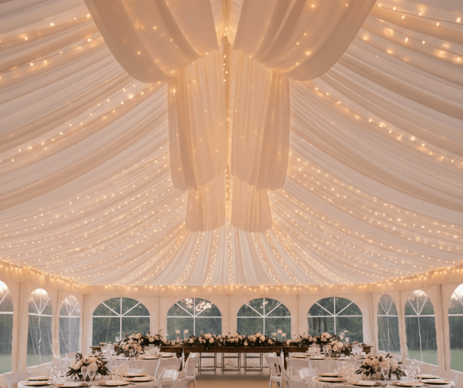 Drapowany materiał pod sufitem w namiocie imprezowym