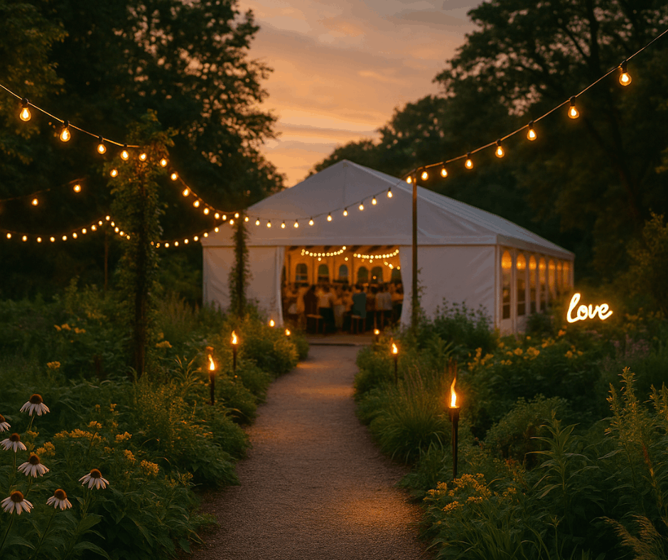 Klimatyczne oświetlenie koło namiotu weselnego