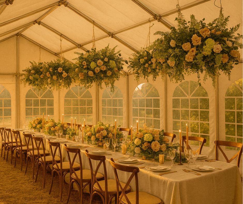 Kwiatowe dekoracje w namiocie weselnym