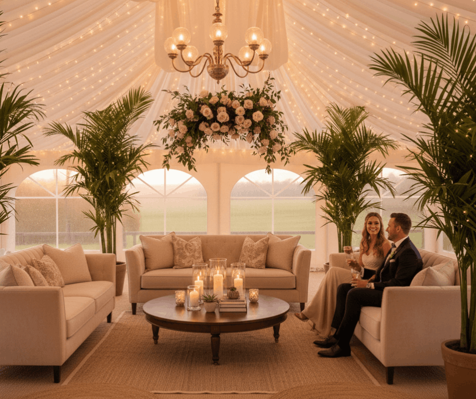 Strefa chillout w namiocie weselnym