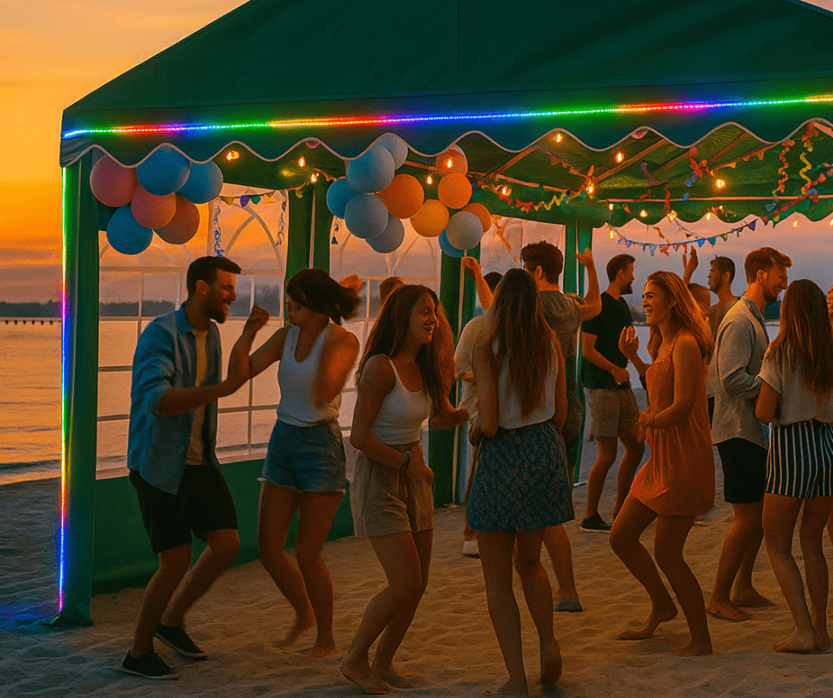 Zielony namiot imprezowy z oknami witrażowymi