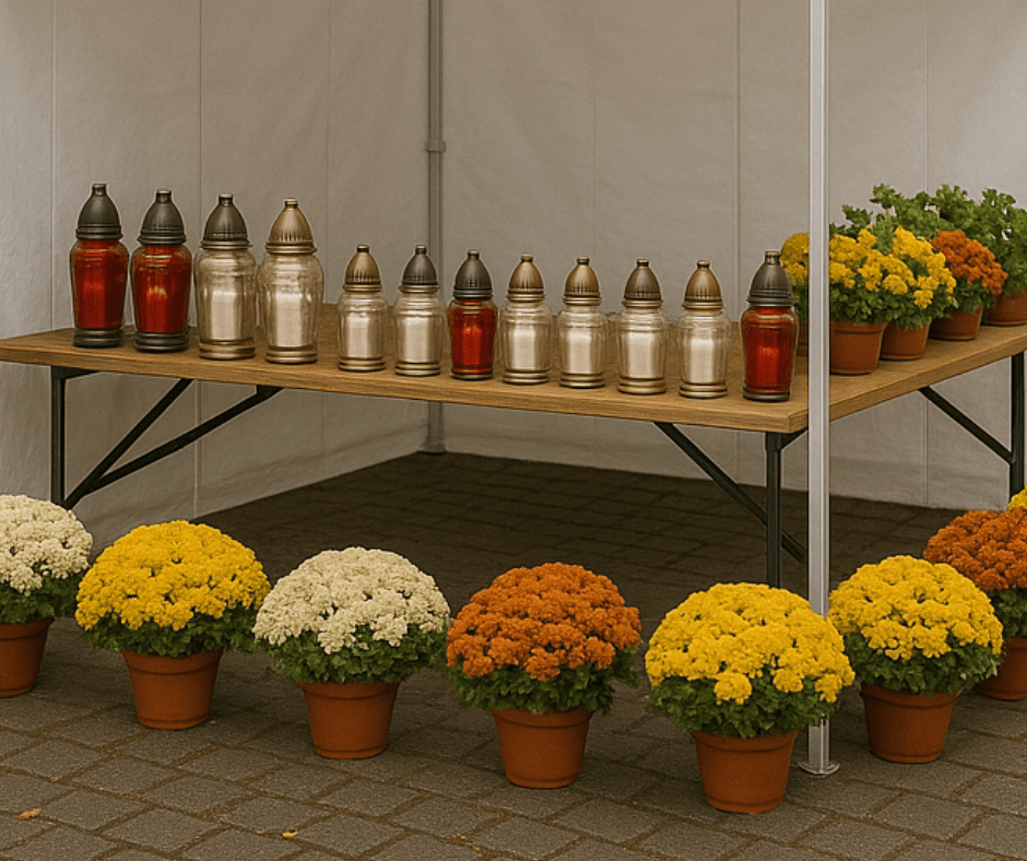 Stragan ze zniczami w namiocie handlowym