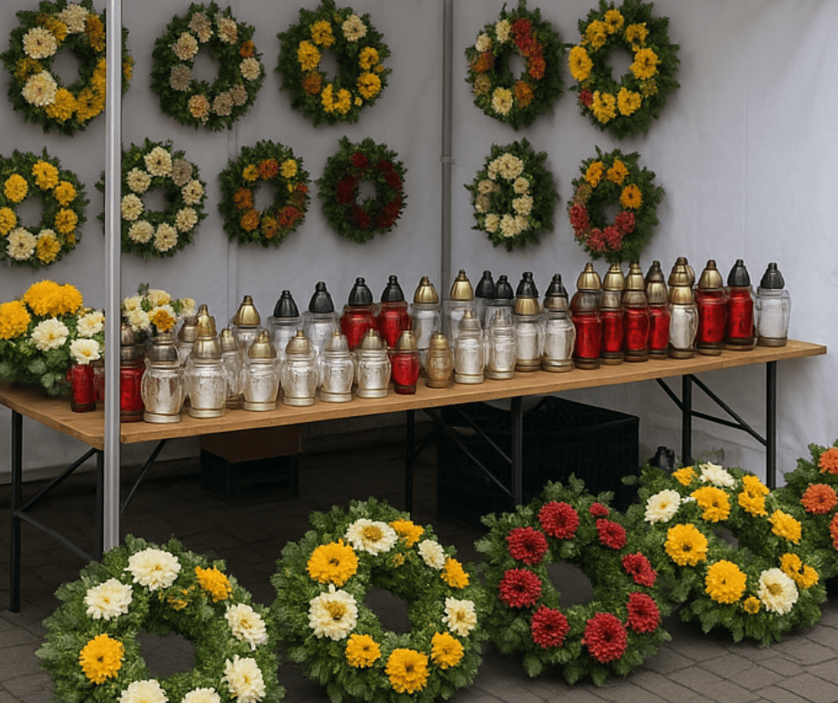 Stragan z kwiatami i wieńcami w namiocie wystawowym