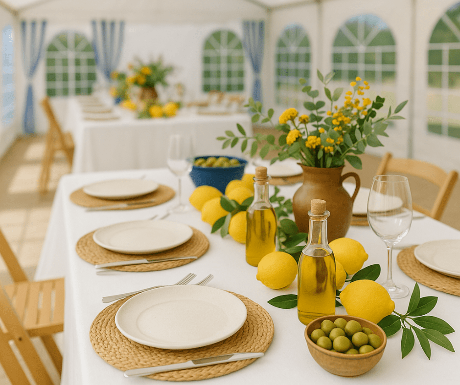 Meble i tekstylia w namiocie imprezowym