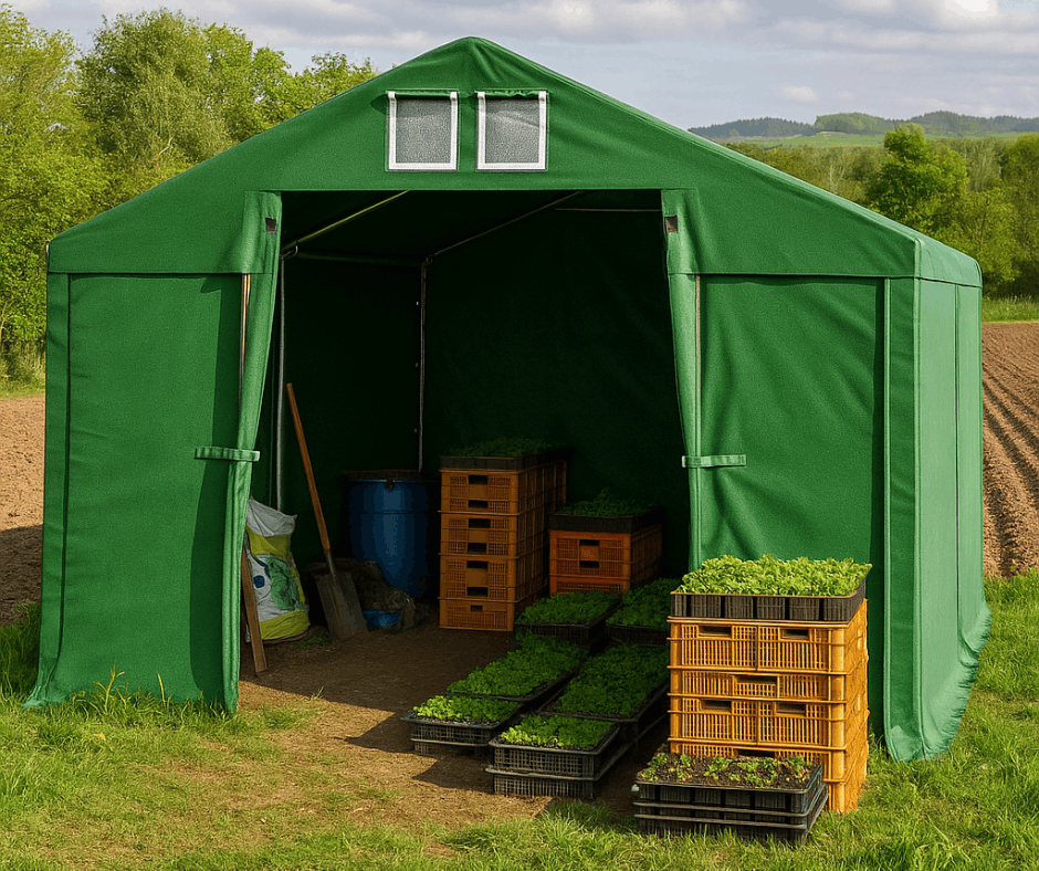 Zielony namiot magazynowy dla gospodarstw rolnych