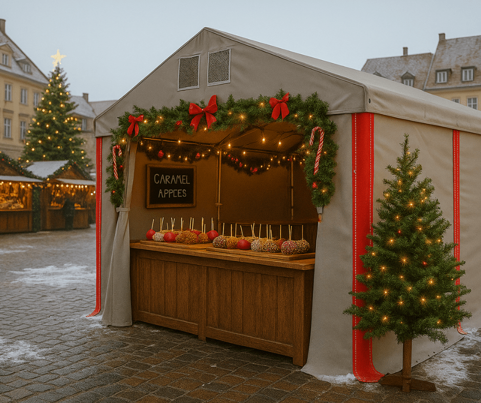 Szary namiot handlowy na jarmarkach świątecznych